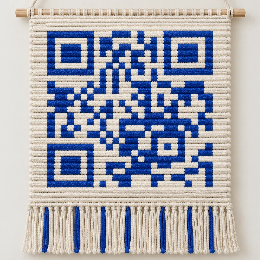 Estudo visual de um painel de macramê cru e azul, com franjas e uma composição inspirada em QR code.
